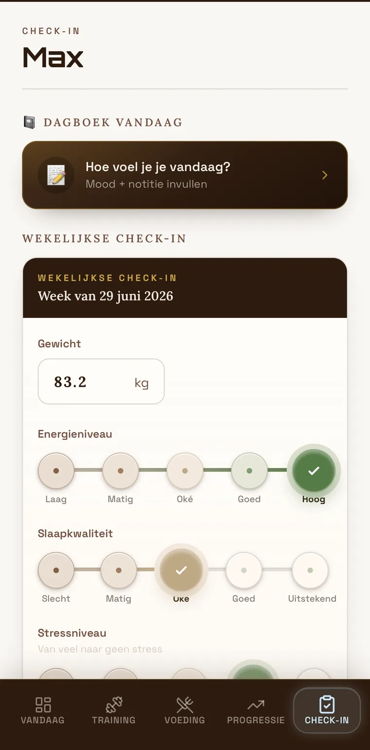Check-in-scherm: gewicht, energie, slaap en stress in één minuutje