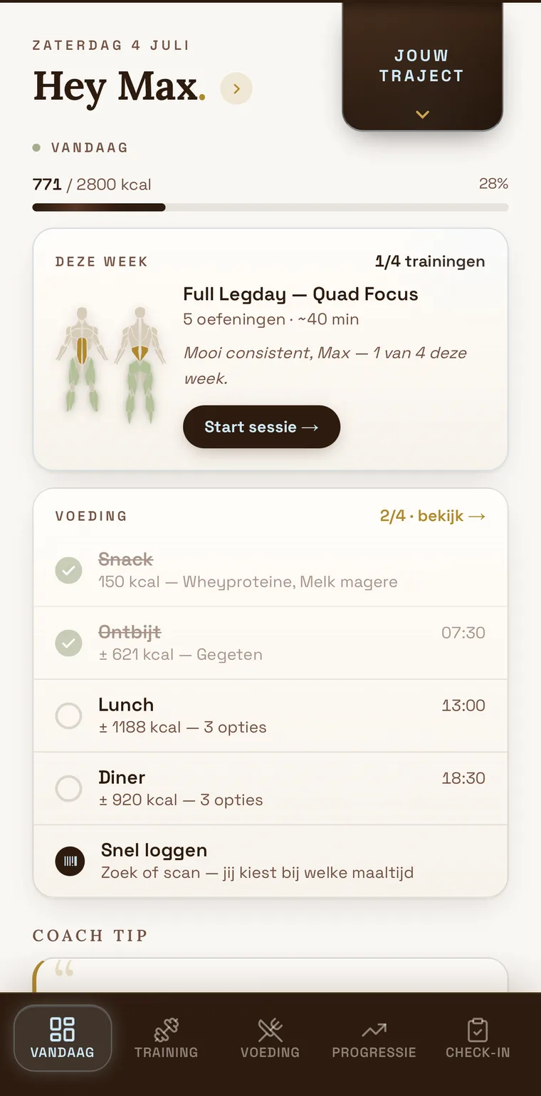 Het beginscherm: je dag in één oogopslag met training, voeding en een coachtip