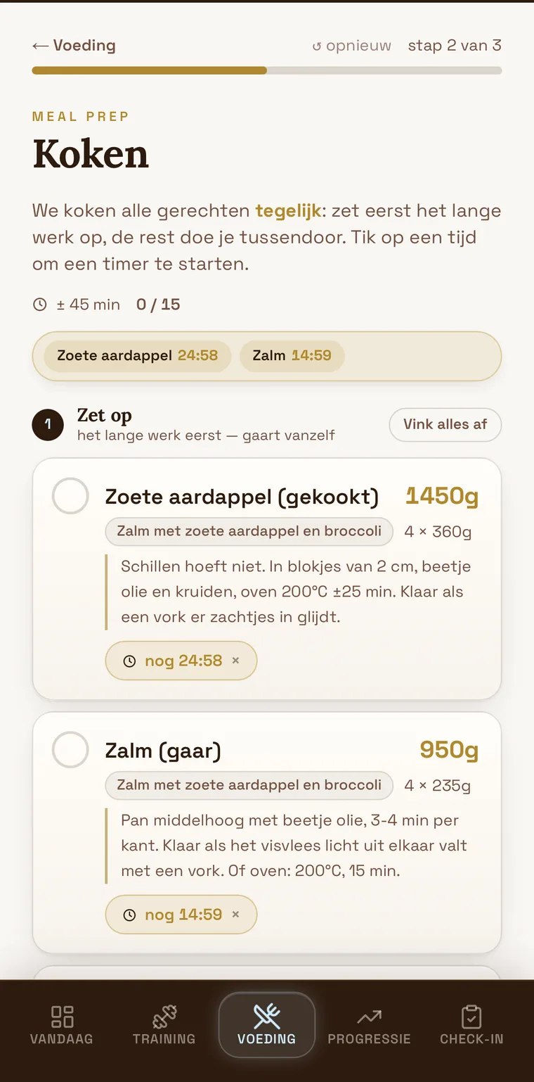 Meal prep-scherm: alles tegelijk koken met tikbare timers