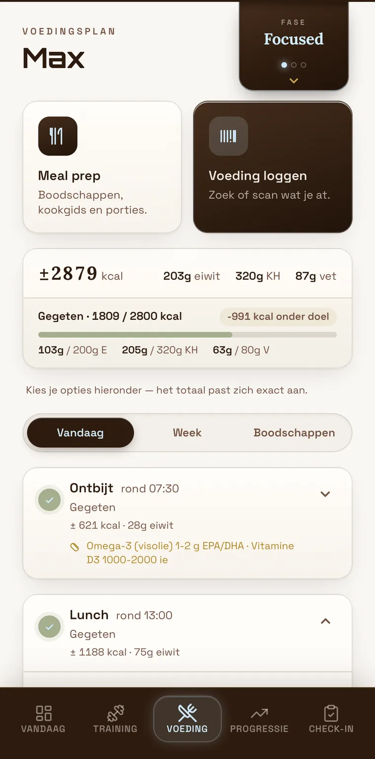 Voedingsscherm: dagdoelen, macro’s en maaltijden met opties