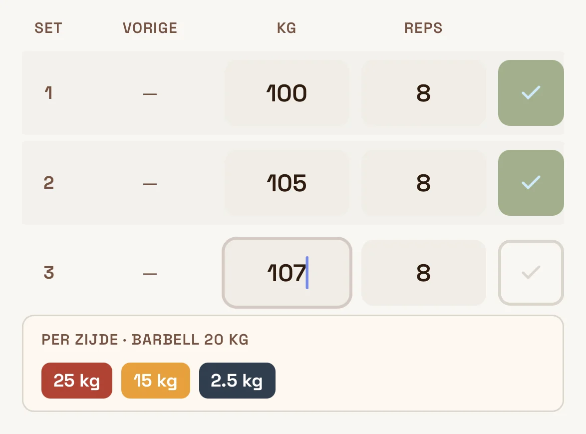 Plate calculator: 107 kg wordt per zijde 25 + 15 + 2,5 kg op een barbell van 20 kg